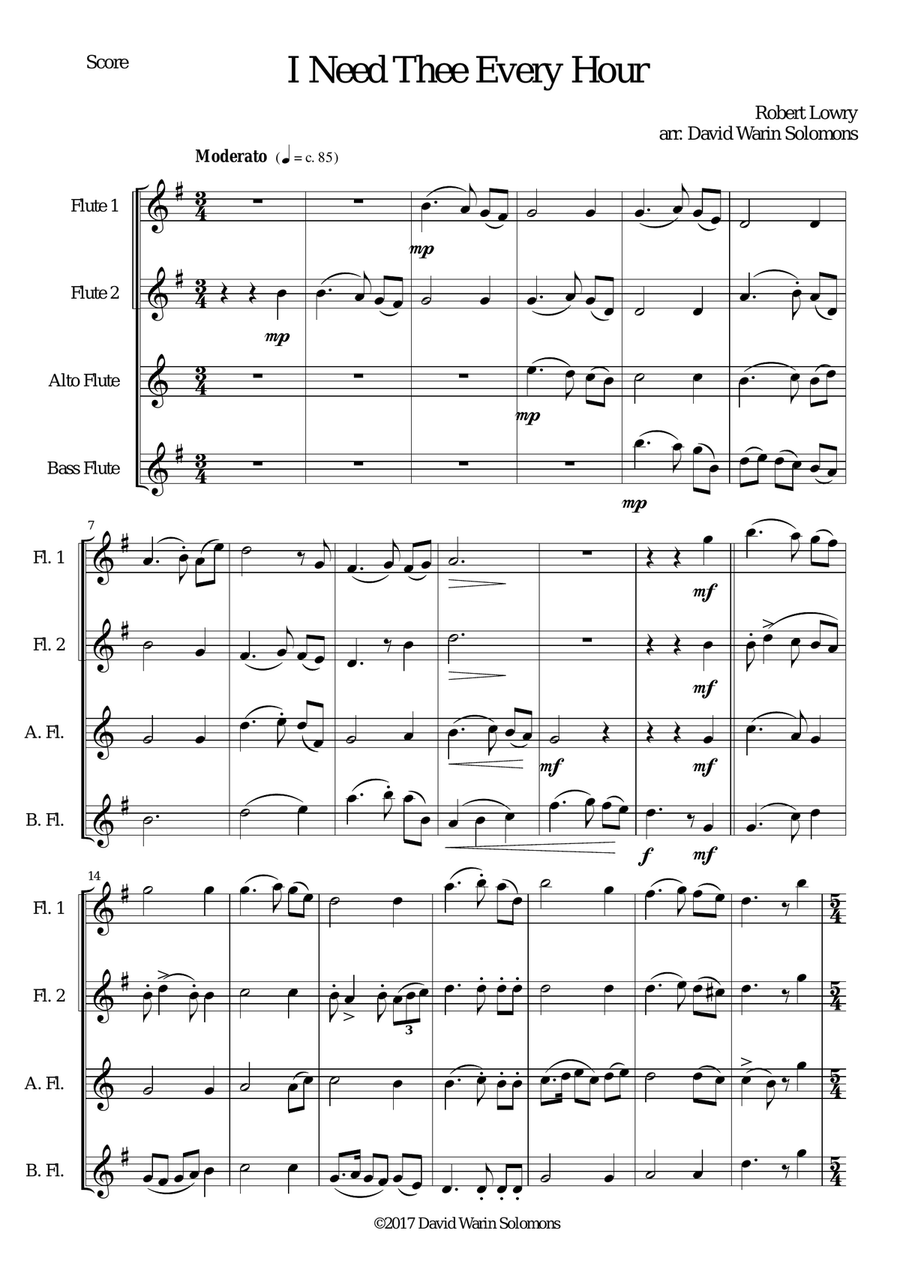 Variations on I Need Thee Every Hour for Flute quartet (2 C flutes, alto flute, bass flute) Flute Quartet scores gallery preview page 1