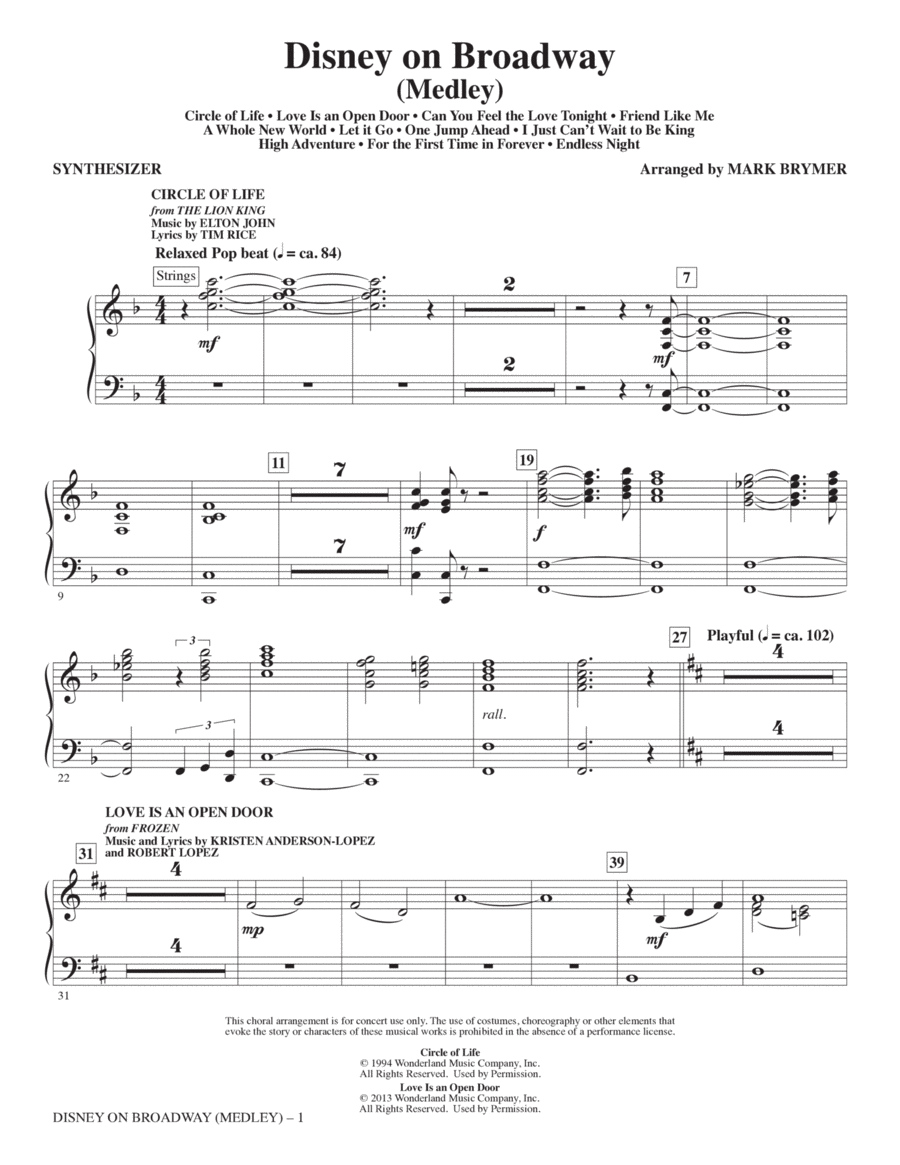 Disney On Broadway (Medley) - Synthesizer Choir scores gallery preview page 1