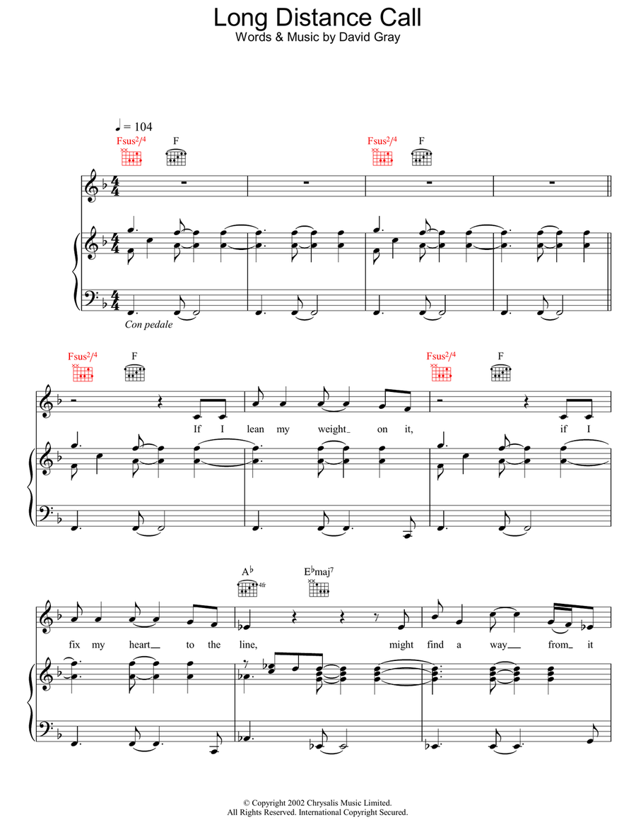 Long Distance Call Long Distance Call Piano, Vocal, Guitar scores gallery preview page 1