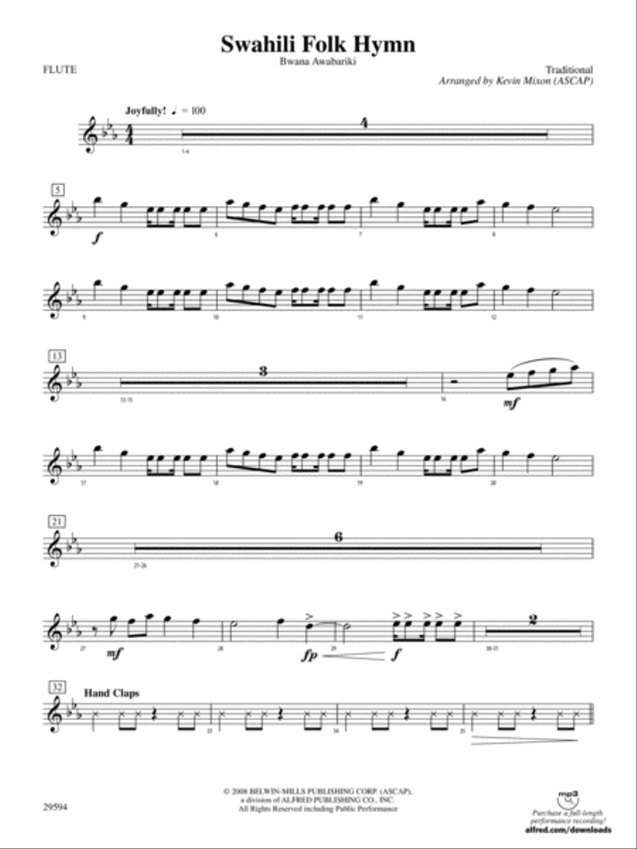 Swahili Folk Hymn (Bwana Awabariki): Flute Concert Band scores gallery preview page 1