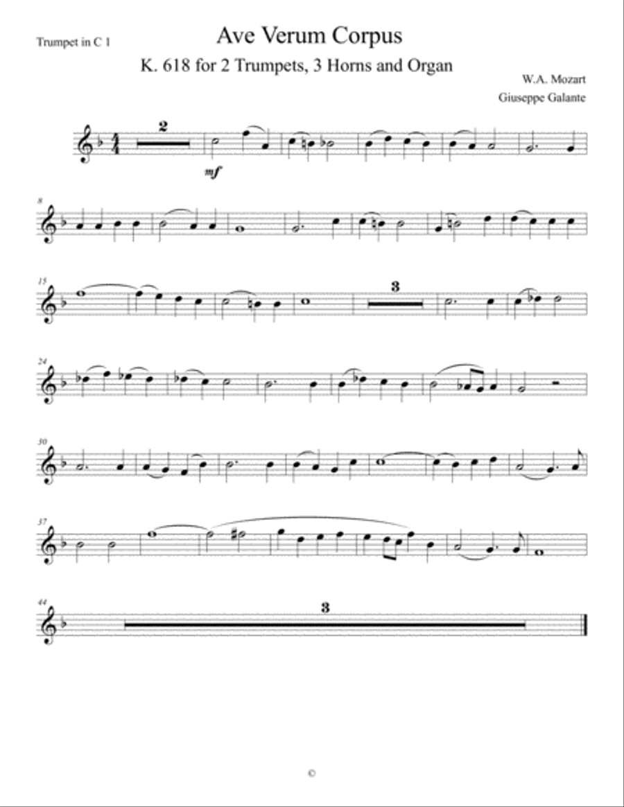 Ave Verum Corpus, K. 618 for 2 Trumpets, 3 Horns and Organ Small Ensemble scores gallery preview page 2