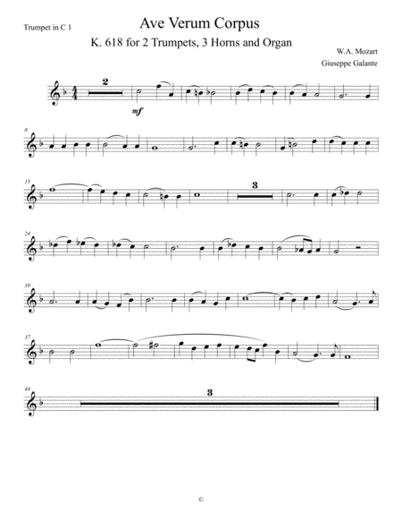 Ave Verum Corpus, K. 618 for 2 Trumpets, 3 Horns and Organ