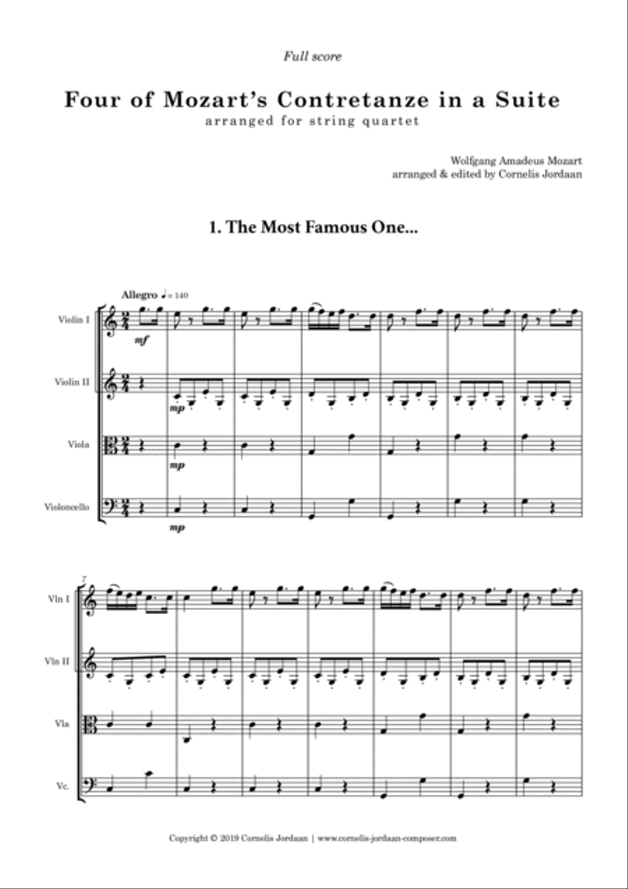Four of Mozart's Contretanze in a Suite, for string quartet String Quartet scores gallery preview page 3