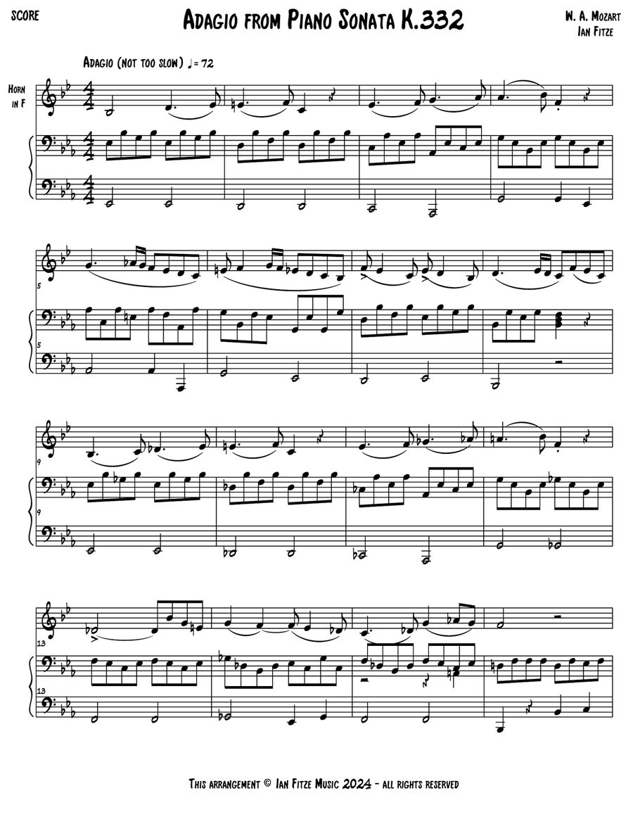 Adagio from Sonata K. 332 Horn scores gallery preview page 1