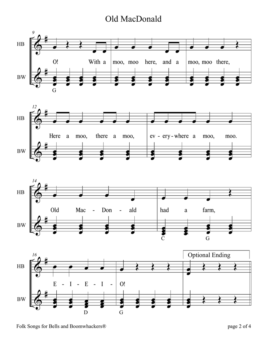 Old MacDonald Had a Farm (for 13-note Bells and Boomwhackers with Black and White Notes) Handbell Choir scores gallery preview page 6