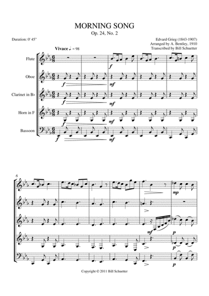 Morning Song by Edvard Grieg Woodwind Quintet - Digital Sheet Music