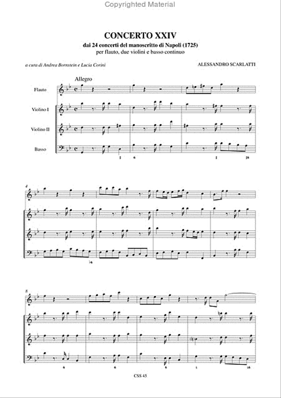 Concerto No. 24 from the 24 Concertos in the Naples manuscript (1725) for Treble Recorder (Flute), 2 Violins and Continuo Flute scores gallery preview page 2