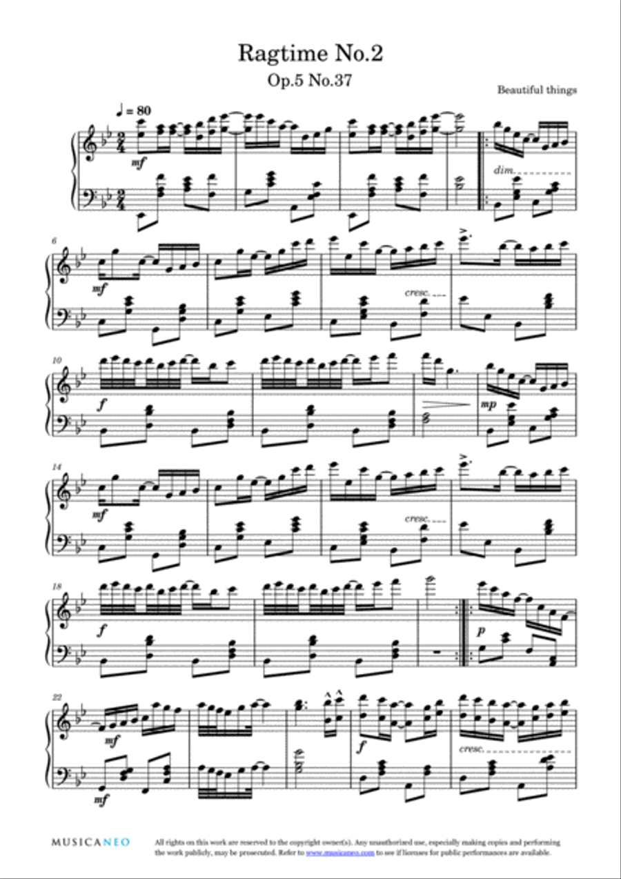 Ragtime No.2-Beautiful things Op.5 No.37 Piano Solo scores gallery preview page 2