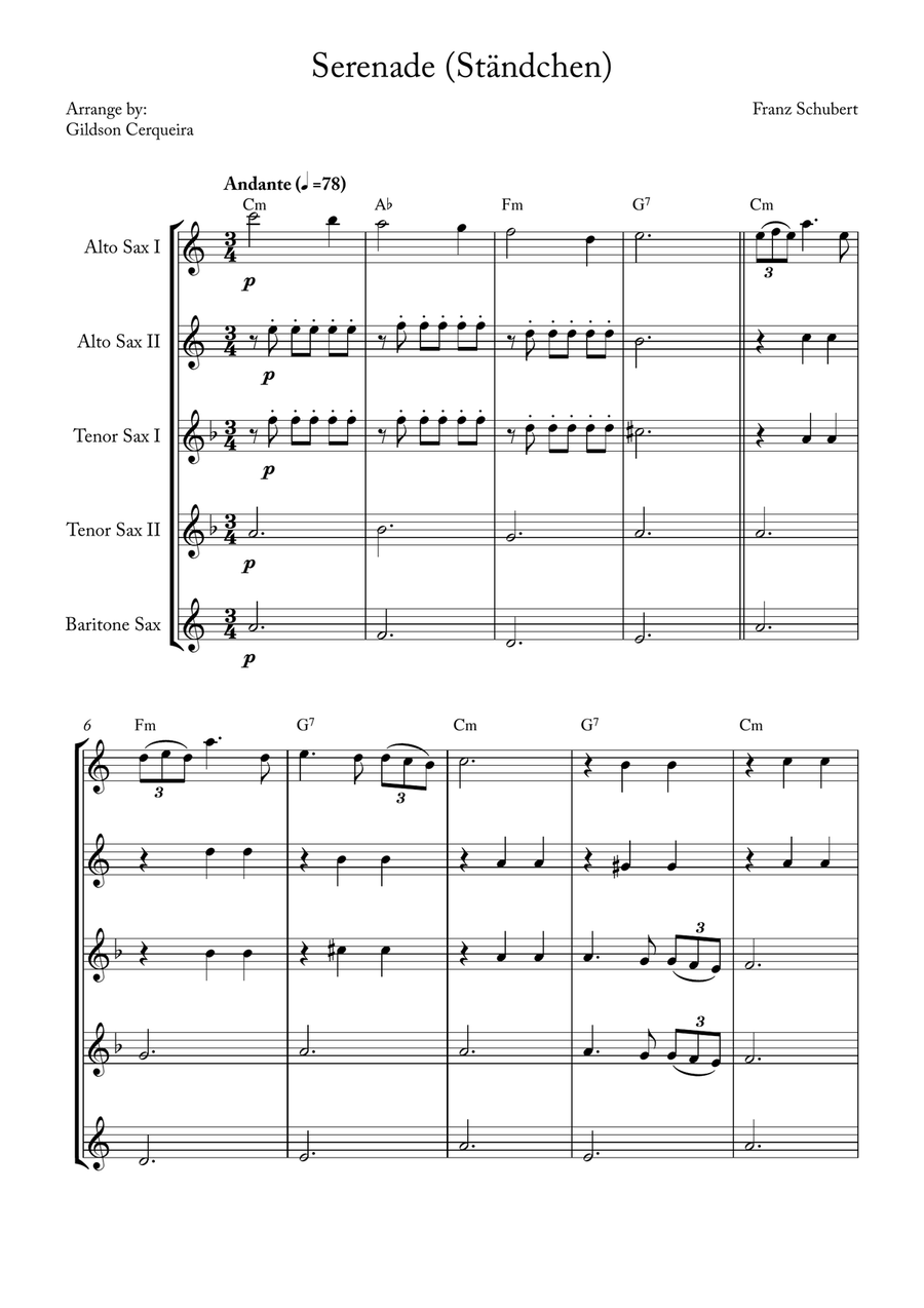 Serenade (Ständchen) Saxophone Quintet scores gallery preview page 1