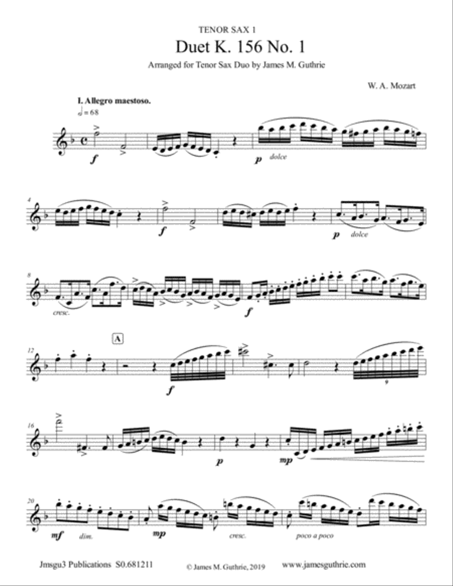 Mozart: Duet K. 156 No. 1 for Tenor Sax Duo Woodwind Duet scores gallery preview page 1