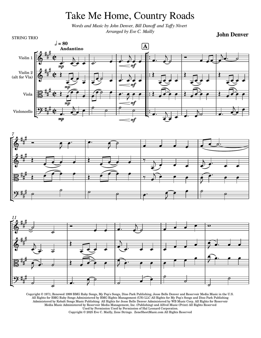 Take Me Home, Country Roads String Trio scores gallery preview page 1
