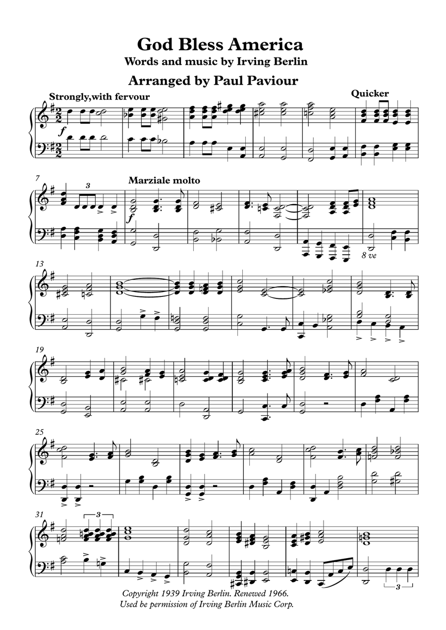 God Bless America Piano Solo scores gallery preview page 1