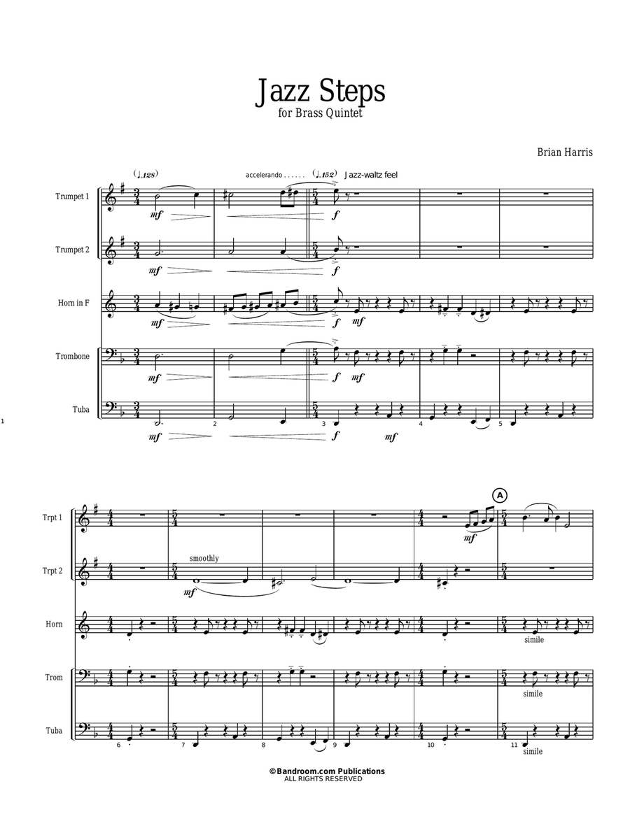 JAZZ STEPS for Brass Quintet (score & parts, limited range demands, medium) Brass Quintet scores gallery preview page 2