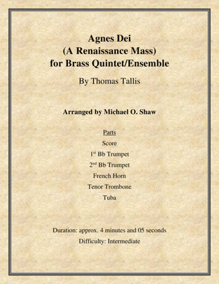 Book cover for Agnes Dei (A Renaissance Mass) for Brass Quintet/Ensemble
