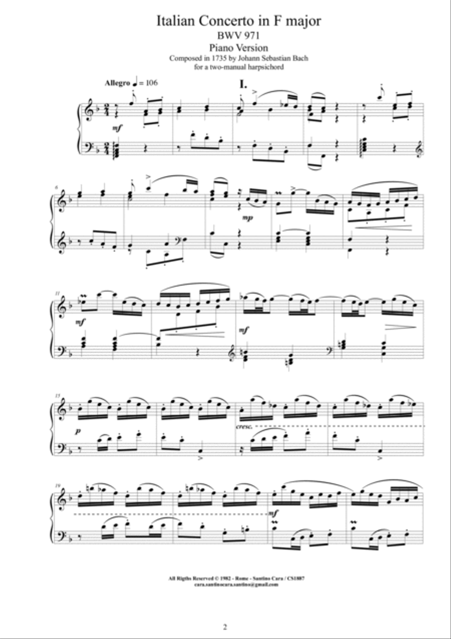 Bach - Italian Concerto in F major BWV 971 - Piano Version Piano Solo scores gallery preview page 2