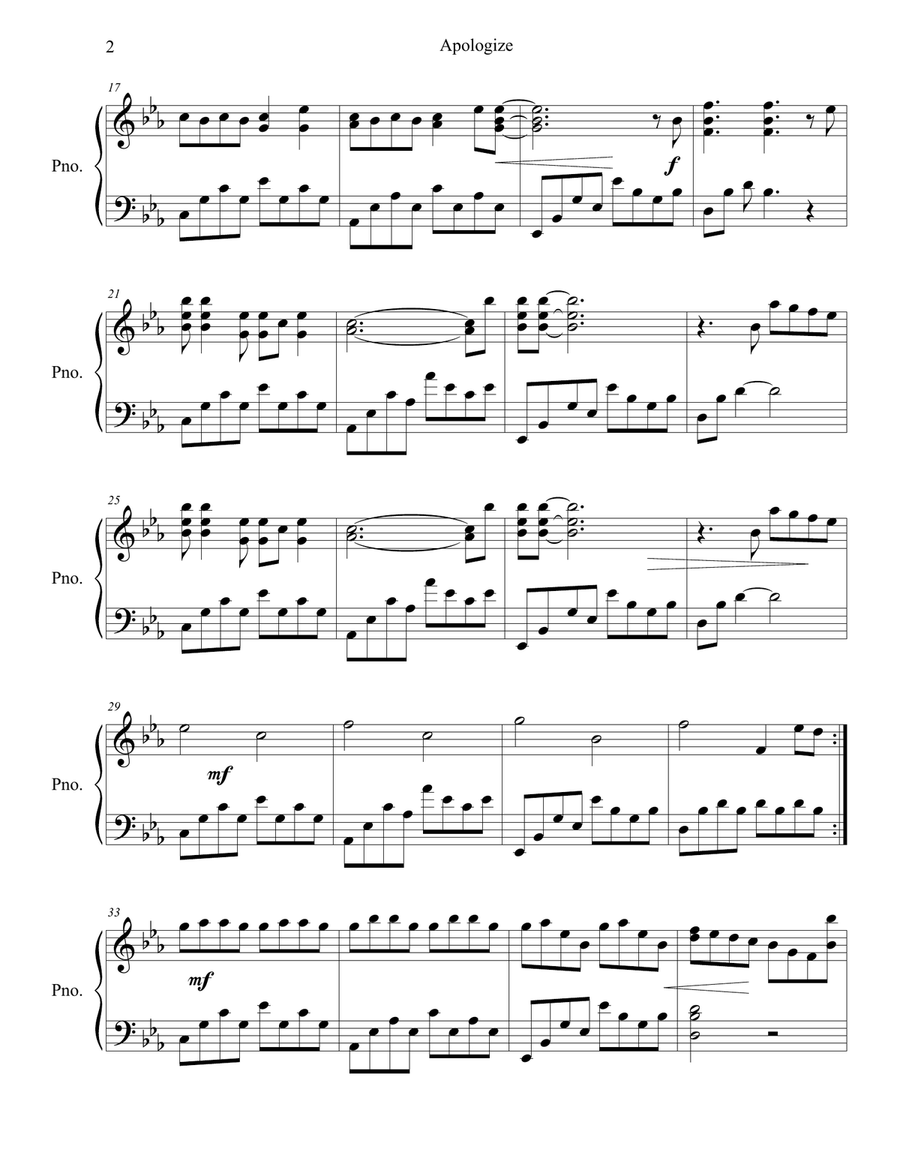 Apologize Piano Solo scores gallery preview page 2