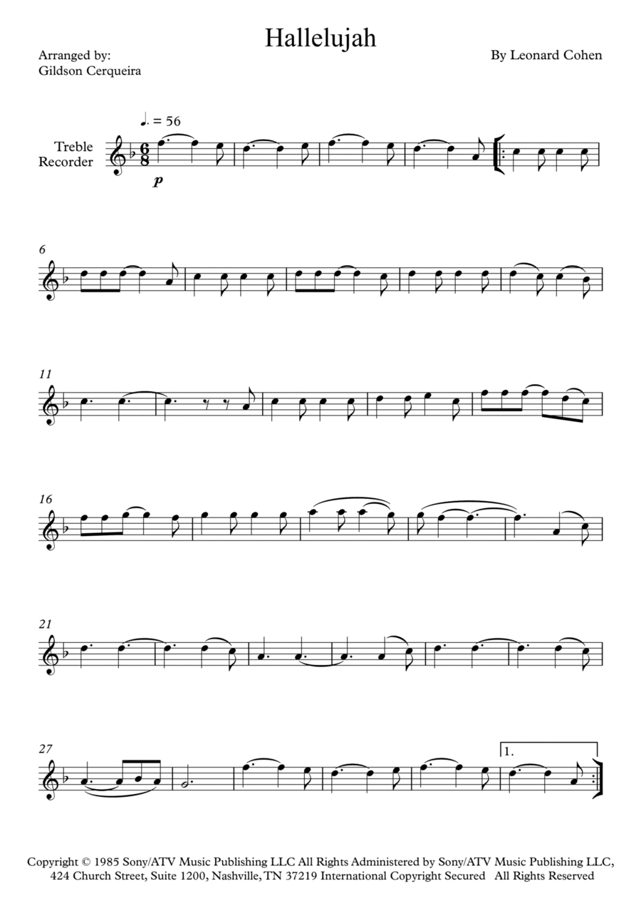 Hallelujah Alto Recorder scores gallery preview page 1