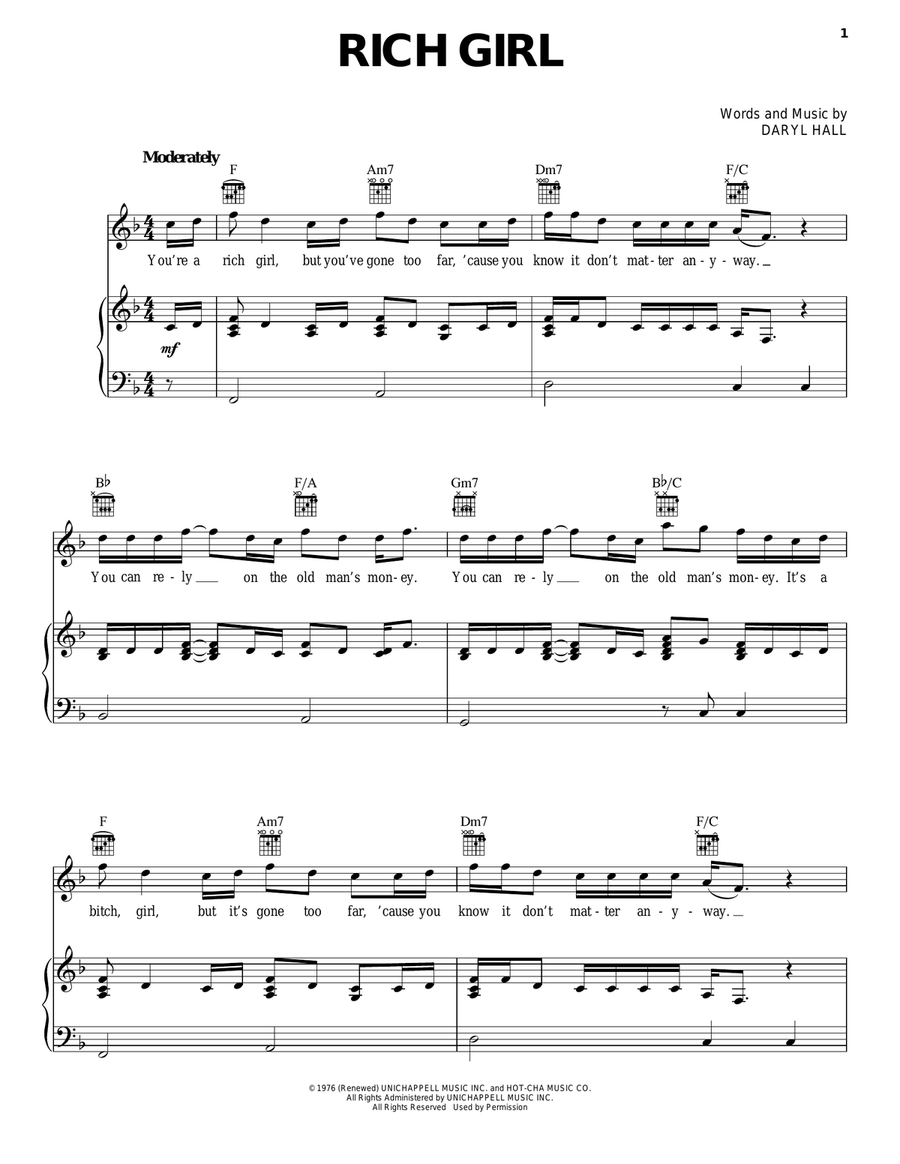 Rich Girl Piano, Vocal, Guitar scores gallery preview page 1