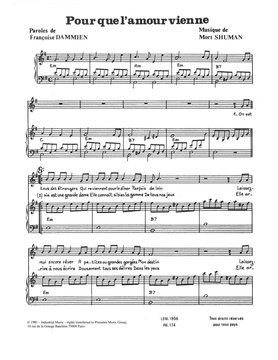 Pour Que L'amour Vienne Piano, Vocal scores gallery preview page 1