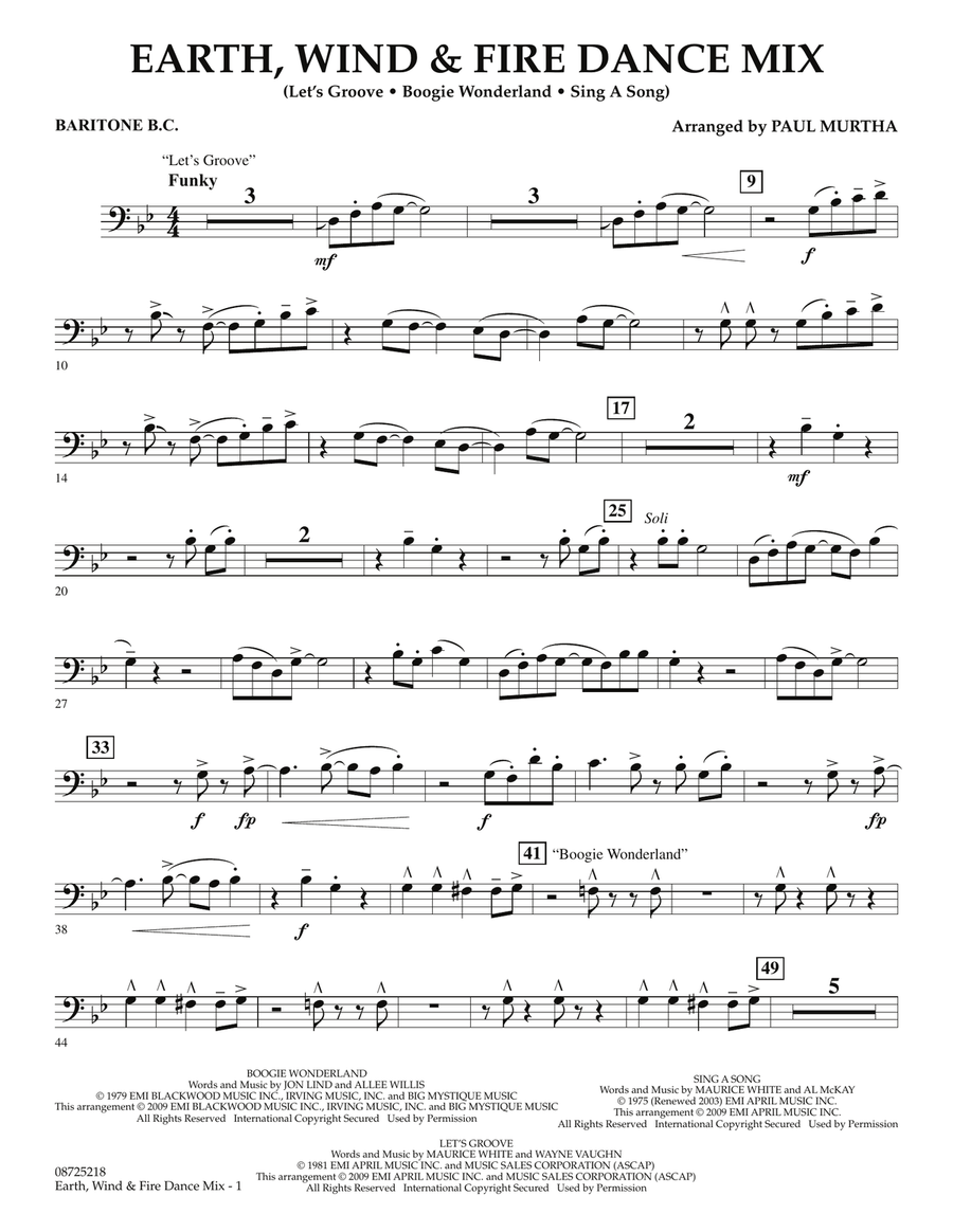 Earth, Wind & Fire Dance Mix - Baritone B.C. Concert Band scores gallery preview page 1