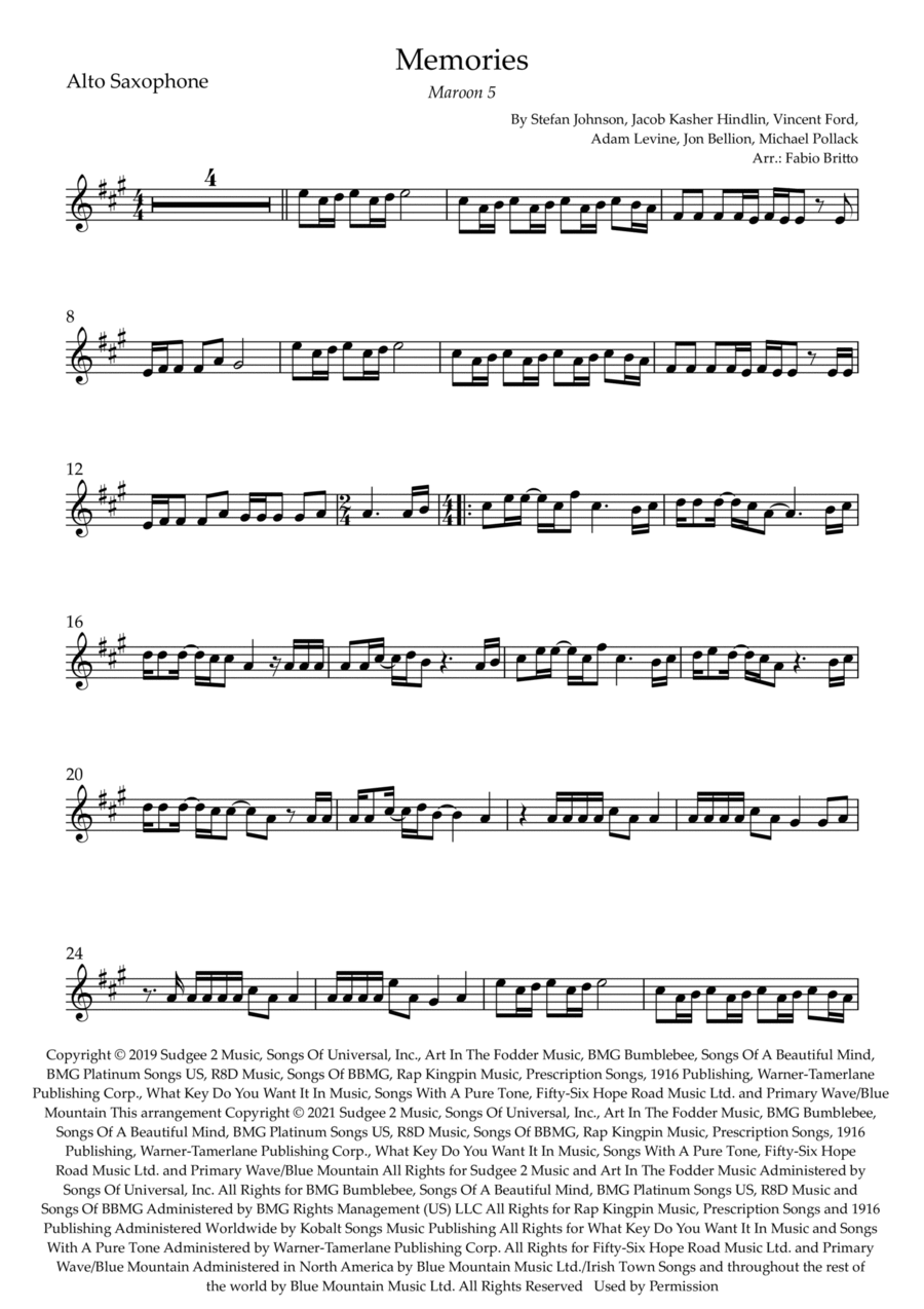 Memories Memories Alto Saxophone scores gallery preview page 1