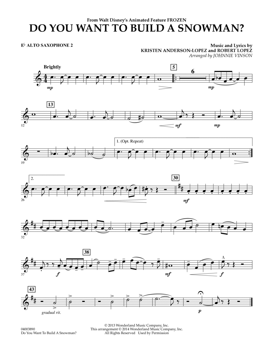 Do You Want to Build a Snowman? (from Frozen) (arr. Johnnie Vinson) - Eb Alto Saxophone 2 Concert Band scores gallery preview page 1