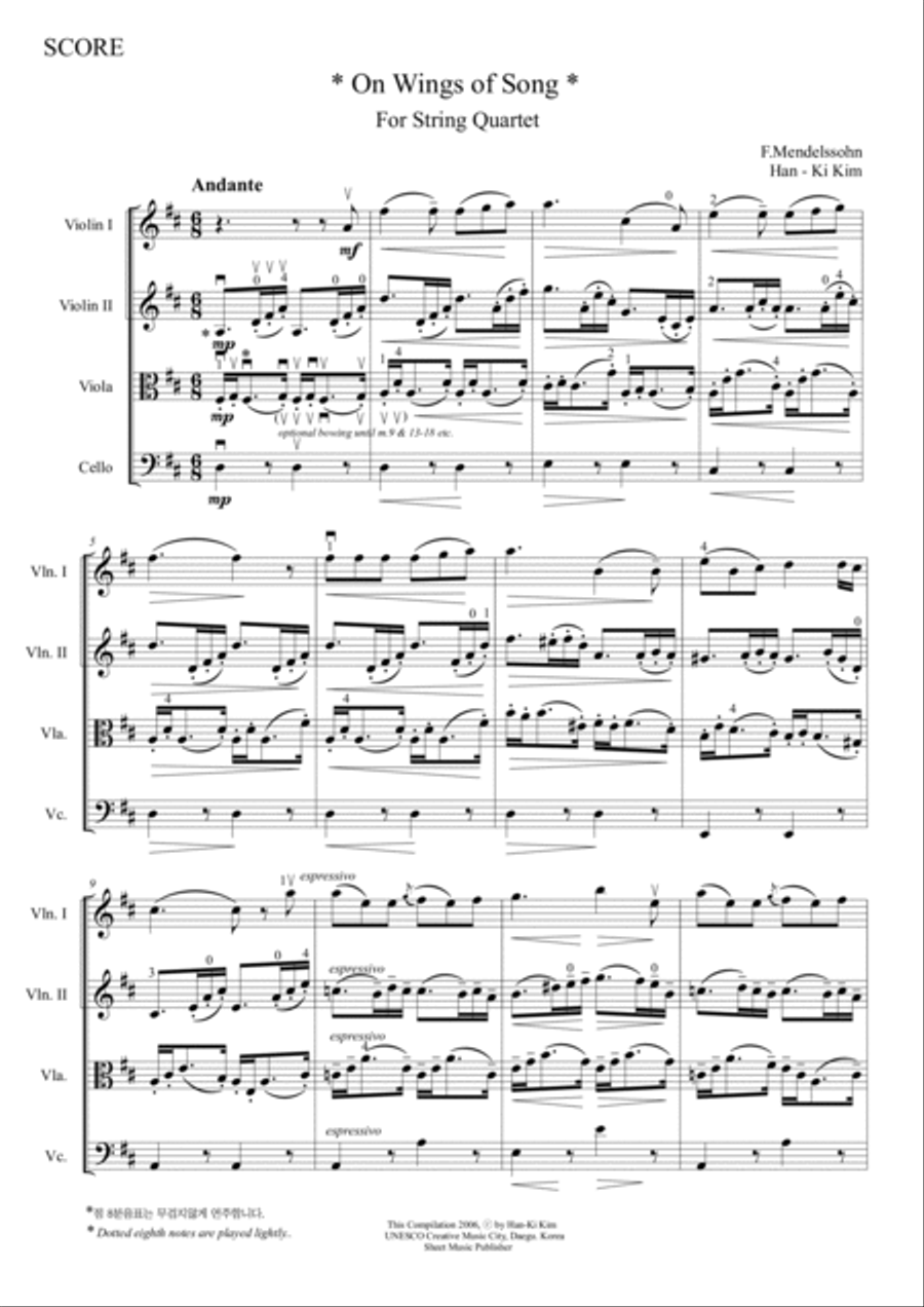 On Wings of Song (For String Quartet) String Quartet scores gallery preview page 2