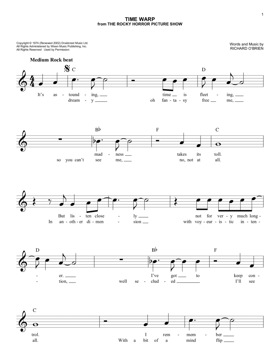 Time Warp (from The Rocky Horror Picture Show) Piano scores gallery preview page 1