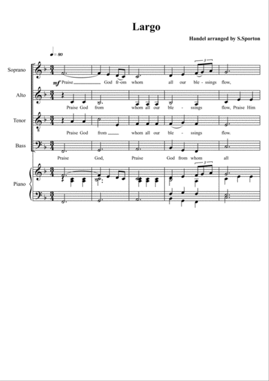 Largo Handel to doxology Praise God from whom SATB 5 pages 4-Part scores gallery preview page 1