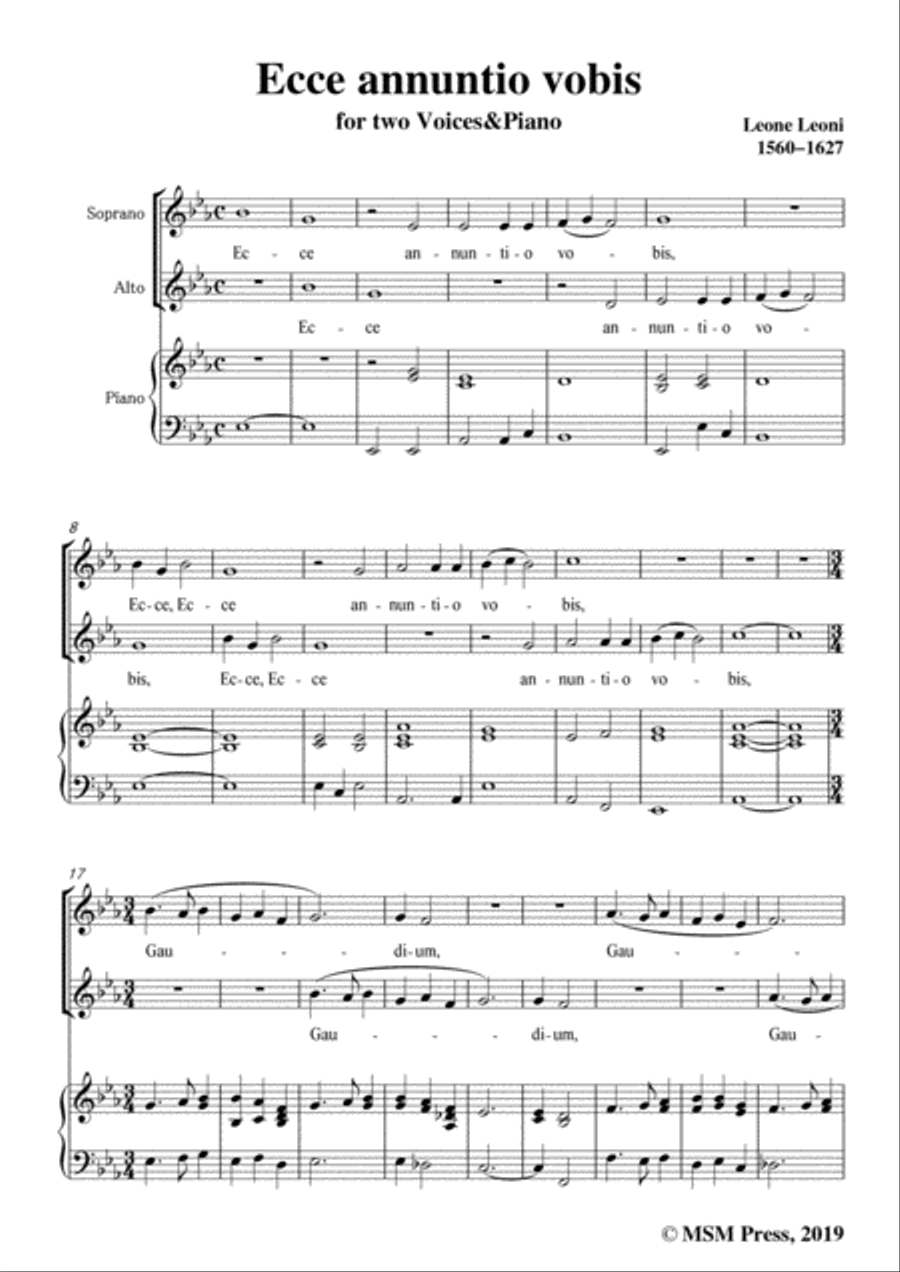 Leoni-Ecce annuntio vobis,in E flat Major,for two Voices&Piano SSA scores gallery preview page 3