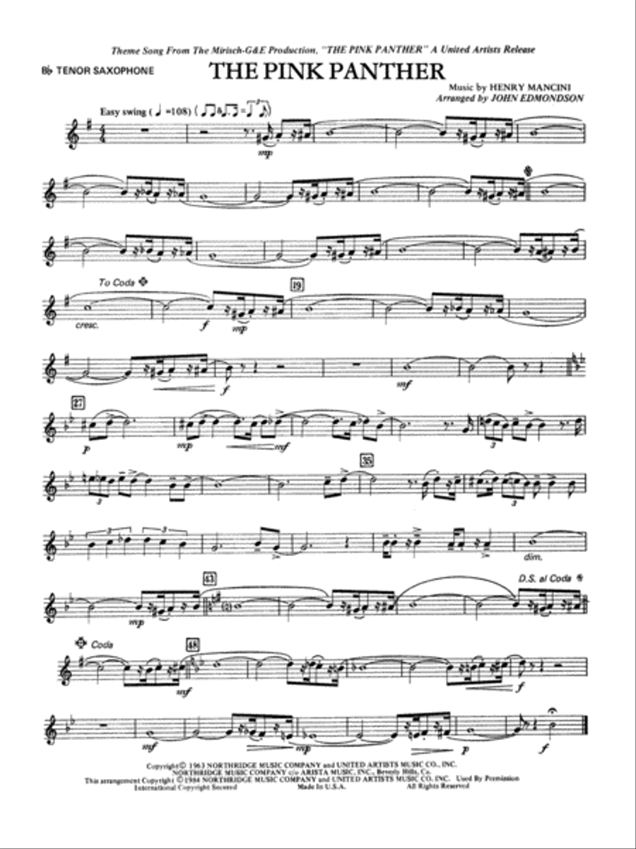 Pink panther tenor sax sheet sales music