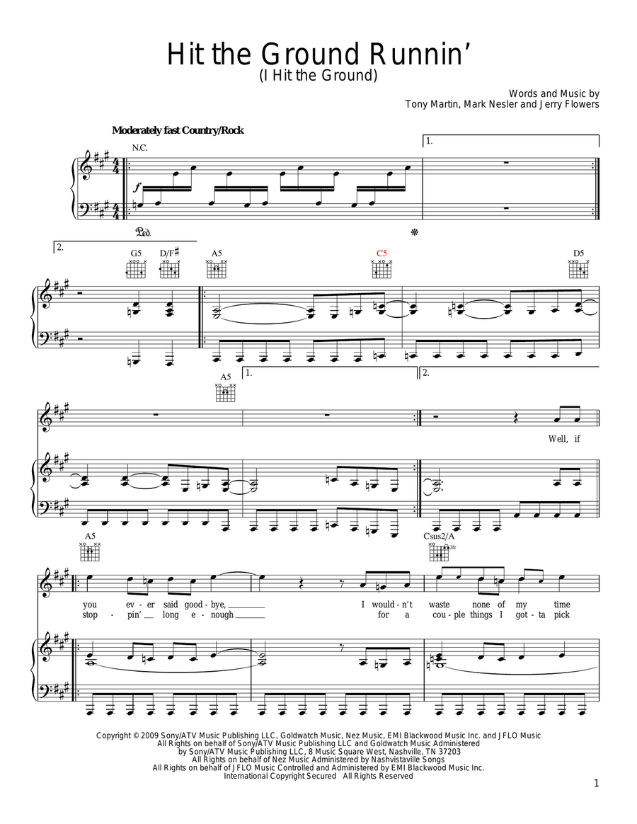 Hit The Ground Running (I Hit The Ground) Piano, Vocal, Guitar scores gallery preview page 1