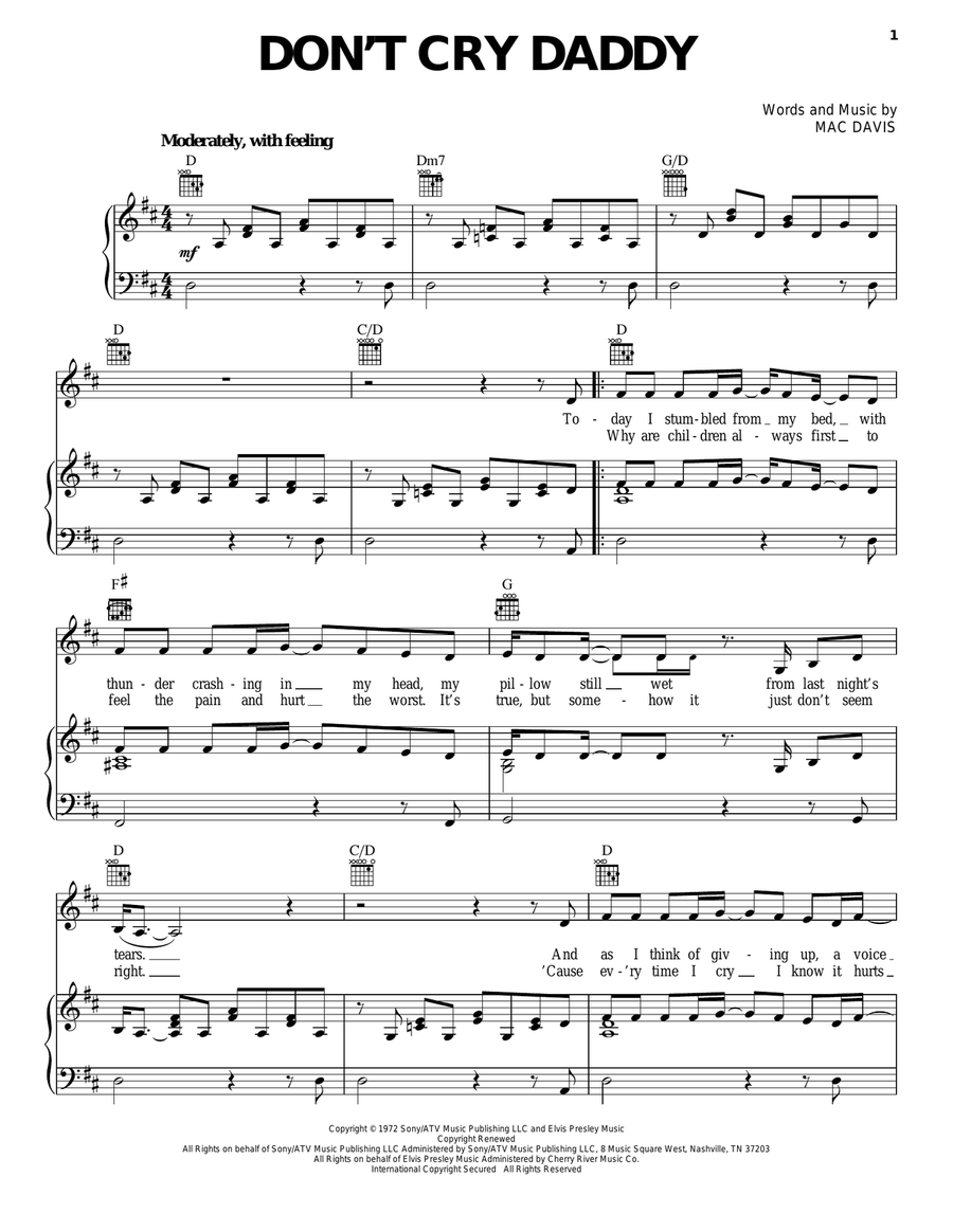 Don't Cry Daddy Don't Cry Daddy Piano, Vocal, Guitar scores gallery preview page 1