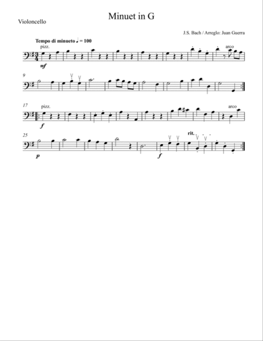 Minuet in G - J.S. Bach (arr. for Strings by Juan Guerra) String Quartet scores gallery preview page 5