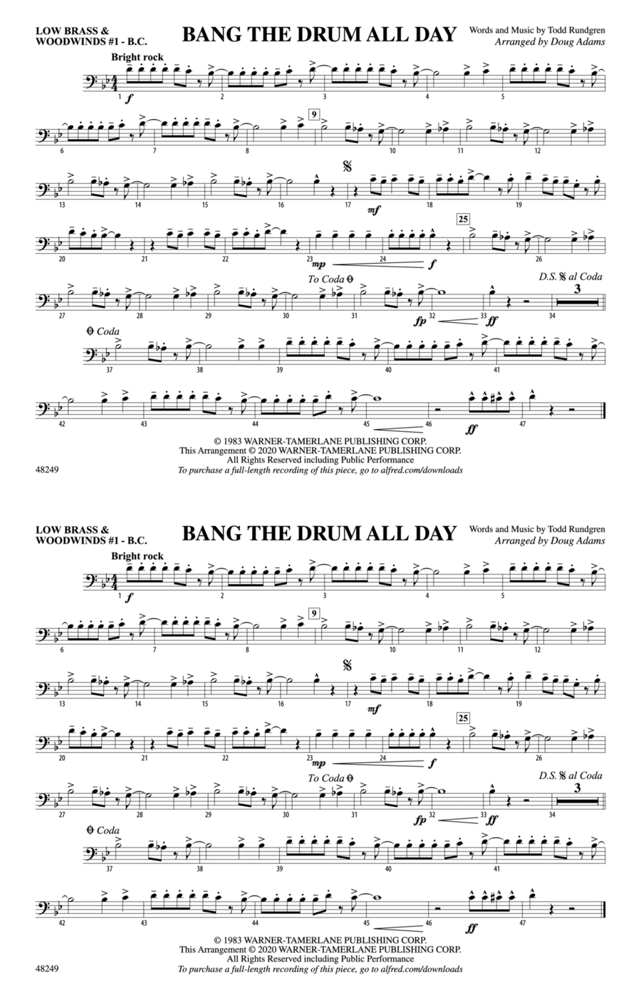 Bang the Drum All Day: Low Brass & Woodwinds #1 - Bass Clef Marching Band scores gallery preview page 1