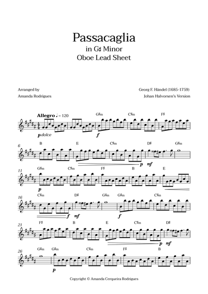 Passacaglia - Easy Oboe Lead Sheet in G#m Minor (Johan Halvorsen's Version) image number null