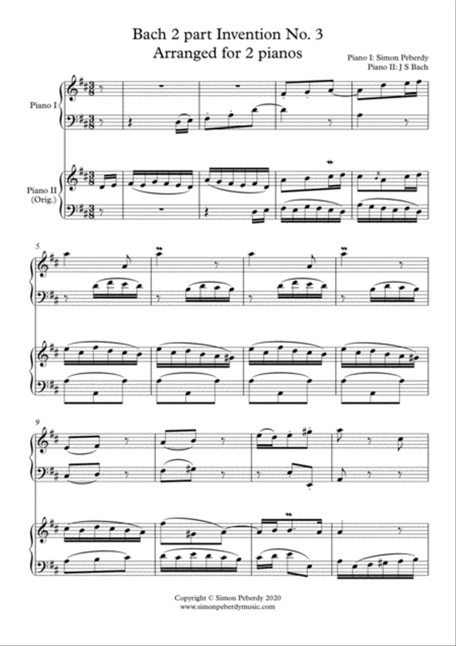 Bach 2 Part Invention no. 3 in D major for 2 pianos, 4 hands (second piano part by Simon Peberdy) Piano Method scores gallery preview page 2