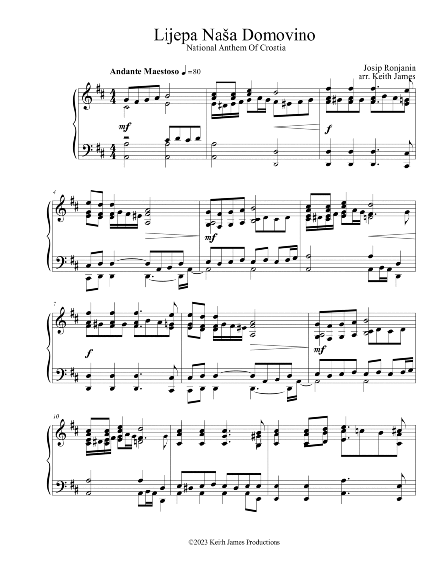 Lijepa naša domovino , National Anthem Of Croatia Piano Solo scores gallery preview page 1