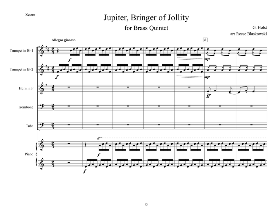 The Planets: Jupiter for Brass Quintet and Piano Brass Ensemble scores gallery preview page 1