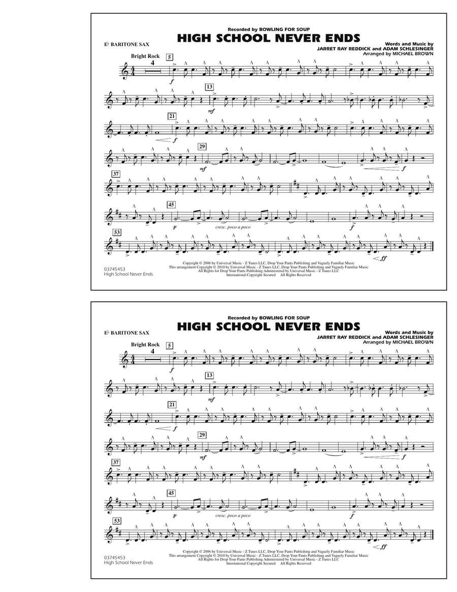 High School Never Ends - Eb Baritone Sax Marching Band scores gallery preview page 1