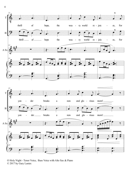 O HOLY NIGHT (Men's Choir - TB with Alto Sax & Piano/Score & Parts included) image number null