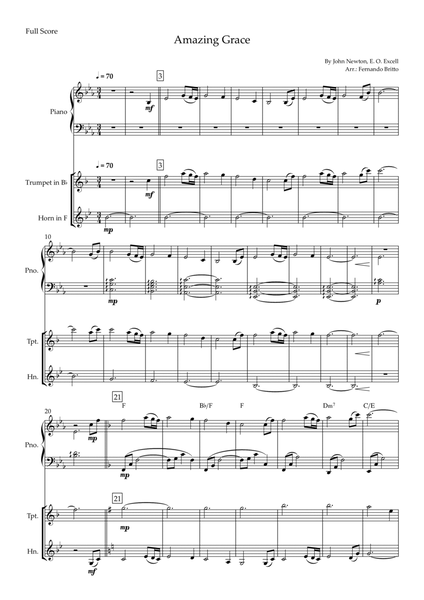 Amazing Grace for Trumpet & Horn in F Duo and Piano Accompaniment with Chords image number null