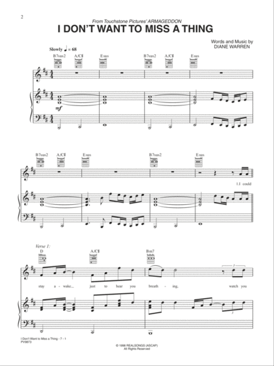I Don't Want to Miss a Thing (from Armageddon) Piano, Vocal, Guitar scores gallery preview page 1
