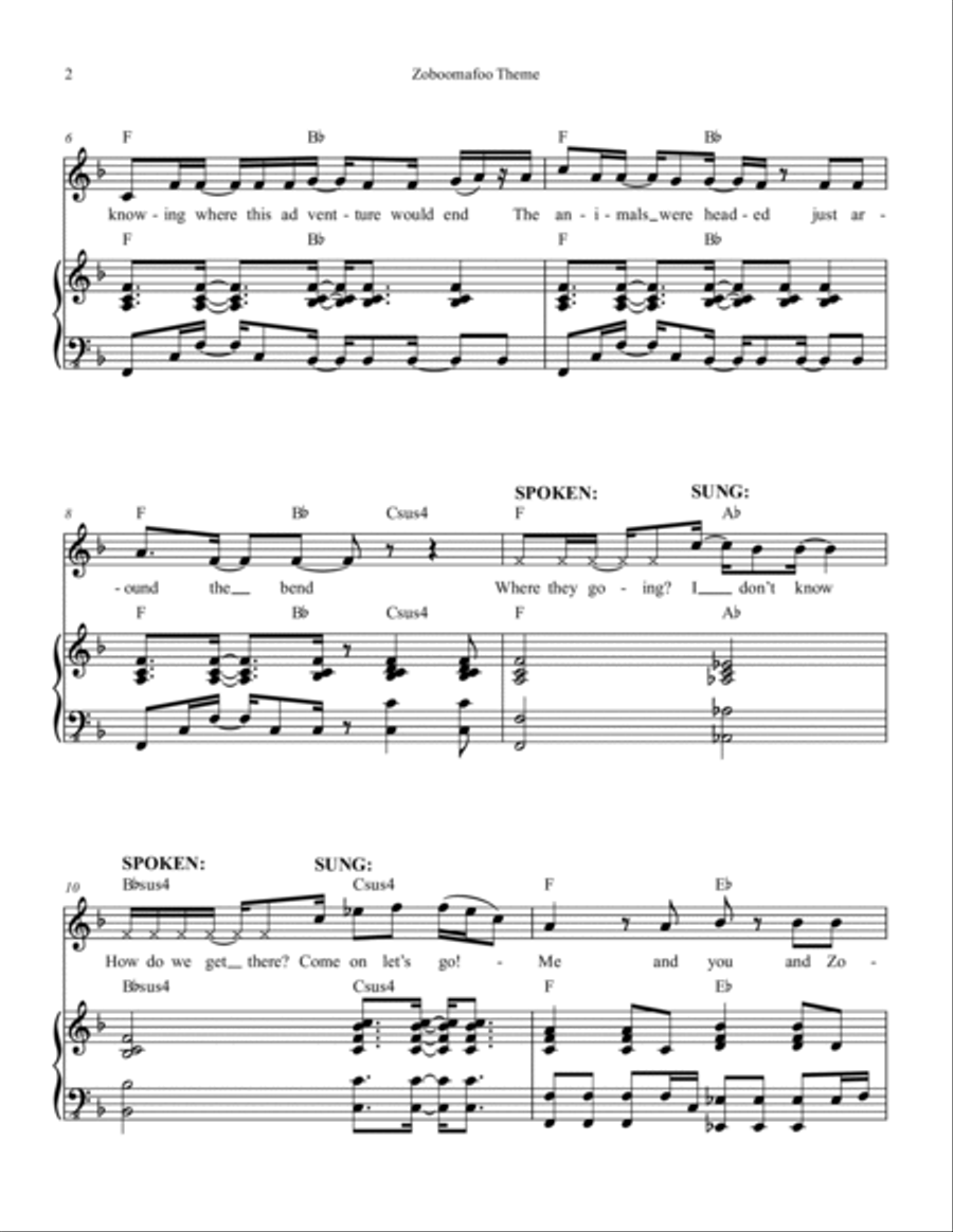 Zoboomafoo Theme Piano, Vocal, Guitar scores gallery preview page 2