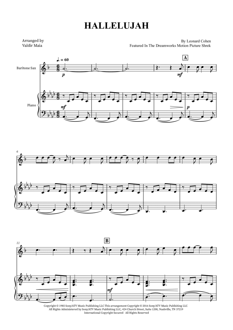 Hallelujah Baritone Saxophone scores gallery preview page 1