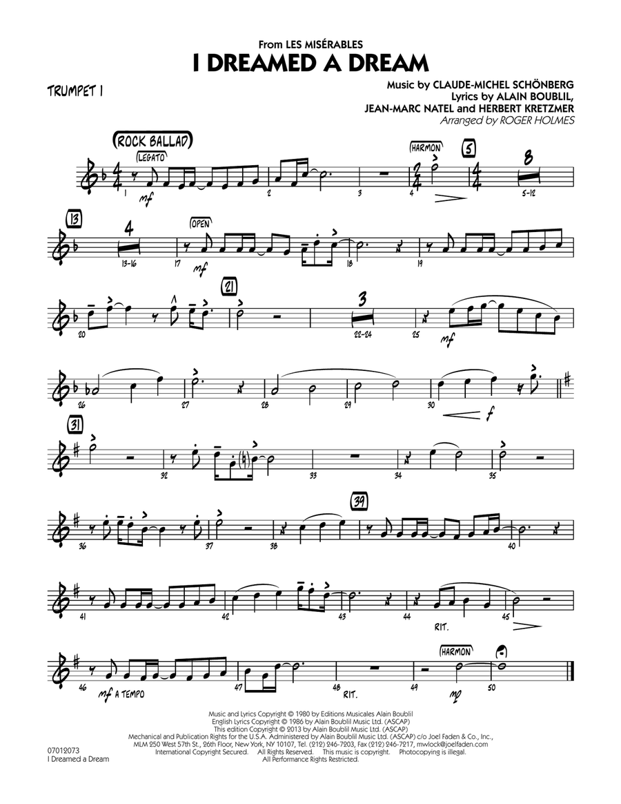 I Dreamed a Dream (from Les Miserables) - Trumpet 1 Jazz Ensemble scores gallery preview page 1