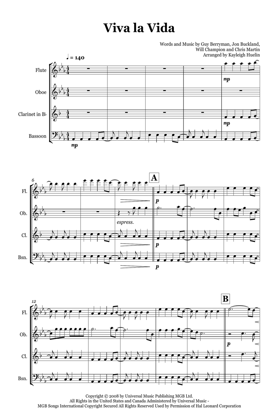 Viva La Vida Woodwind Quartet scores gallery preview page 1
