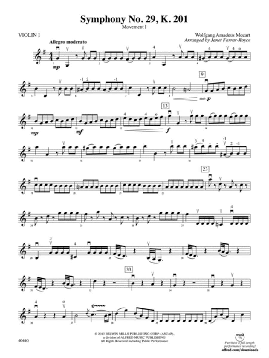 Symphony No. 29, K. 201: 1st Violin String Orchestra scores gallery preview page 1