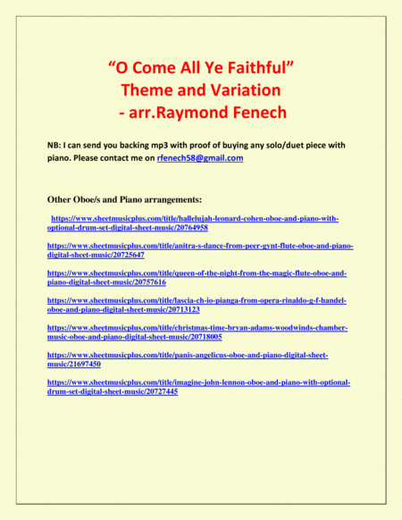 O Come All Ye Faithful (Adeste Fidelis) - Theme and Variation for Oboe and Piano - Advanced Level image number null