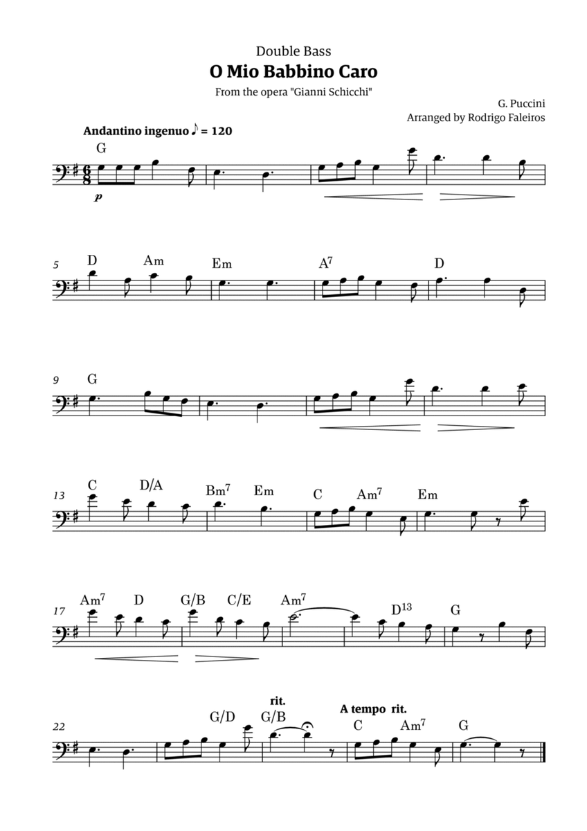 O Mio Babbino Caro - for double bass solo (with chords) image number null